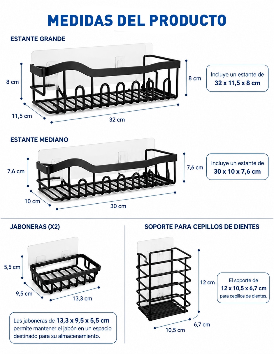 Organizador de baño paquete de 5 estantes para regadera con adhesivos 5