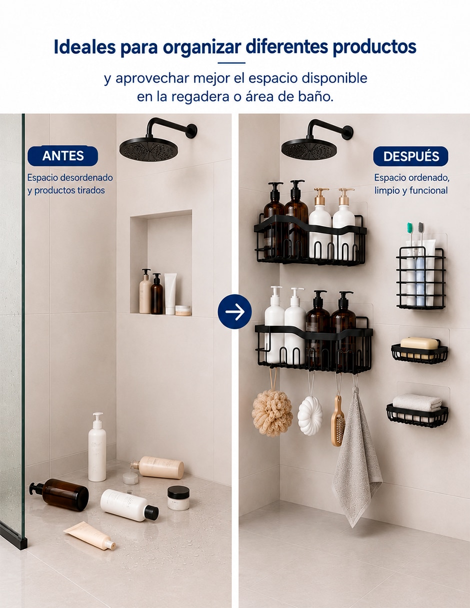 Organizador de baño paquete de 5 estantes para regadera con adhesivos 3