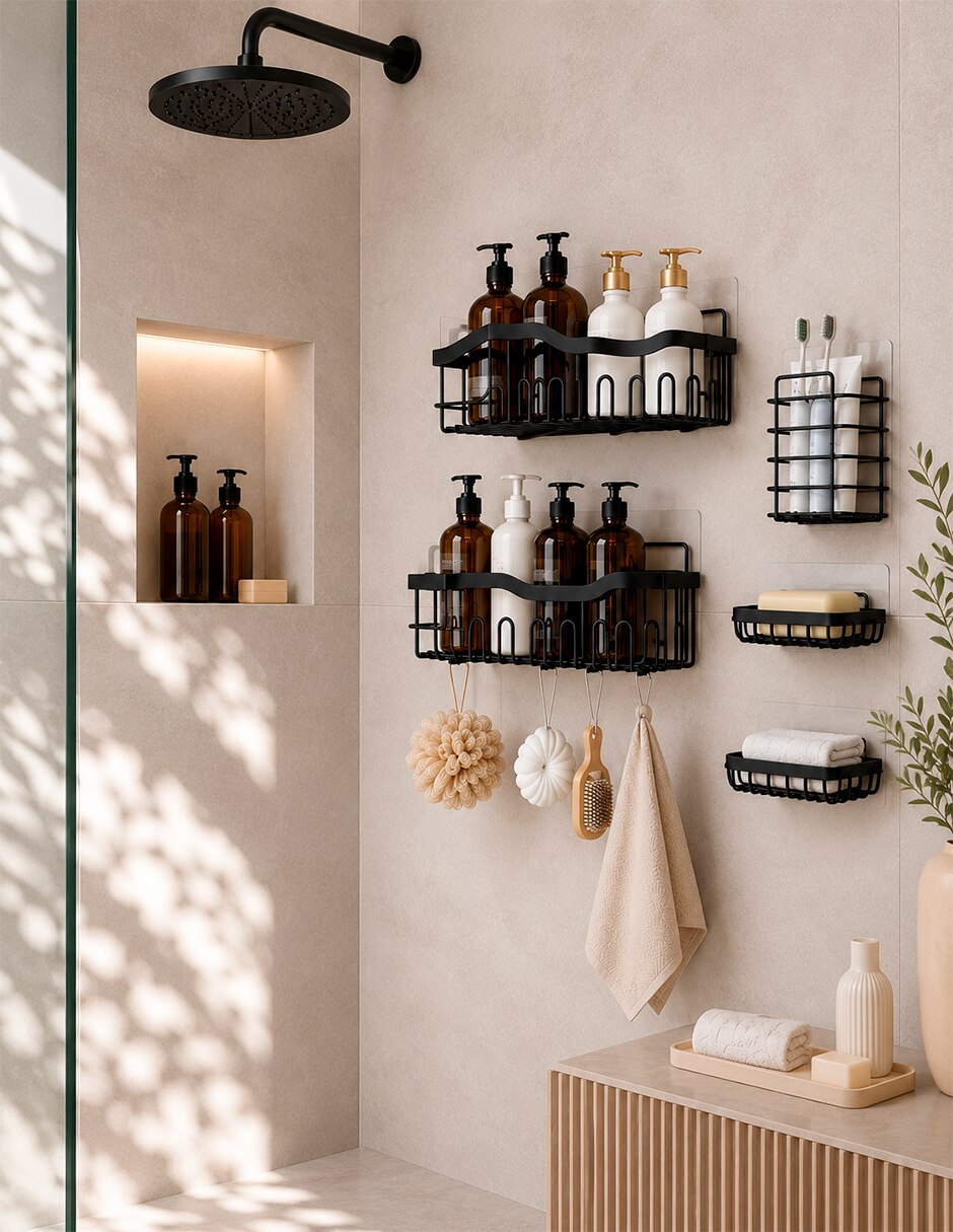 Organizador de baño paquete de 5 estantes para regadera con adhesivos 4